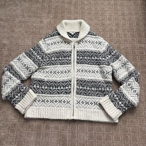 Gap Wool Knit Fair Isle Sweater Cardigan White Black Women XL Full Zip Collared